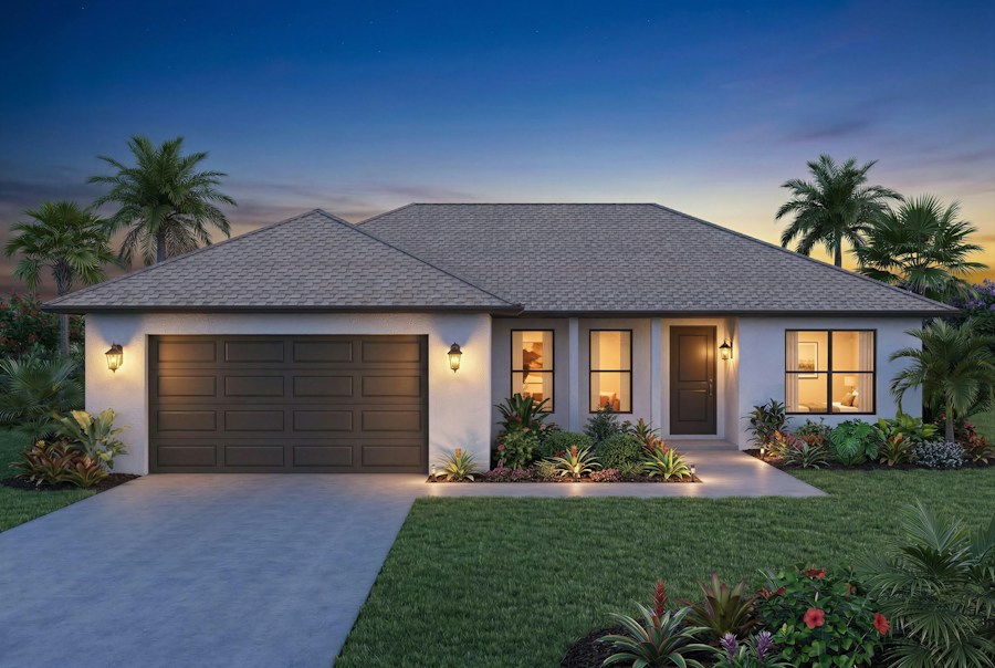 Florida home with a new garage door and palm trees